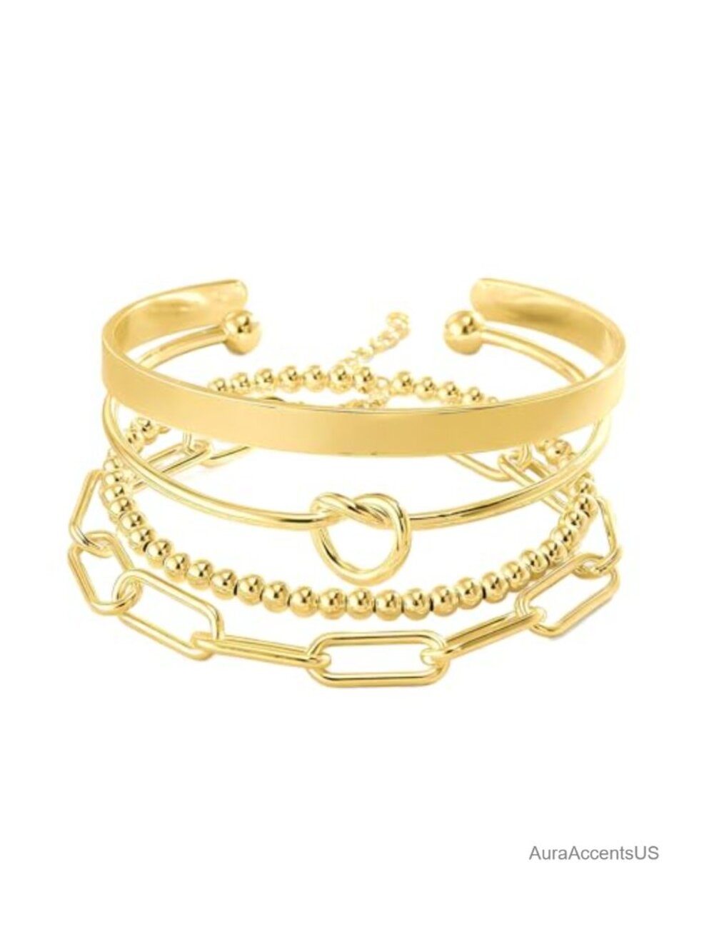 4pcs Gold Plated Cuff Bangle & Beaded Bracelet Stack Set for Women